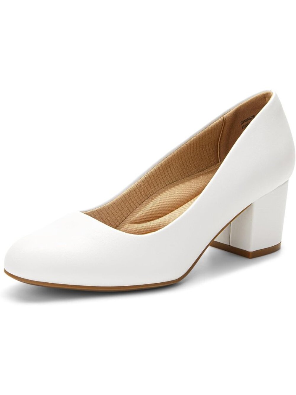 Women's White Pu Chunky Block Heels Pumps Round Toe Non Slip Outsole Dress Shoes